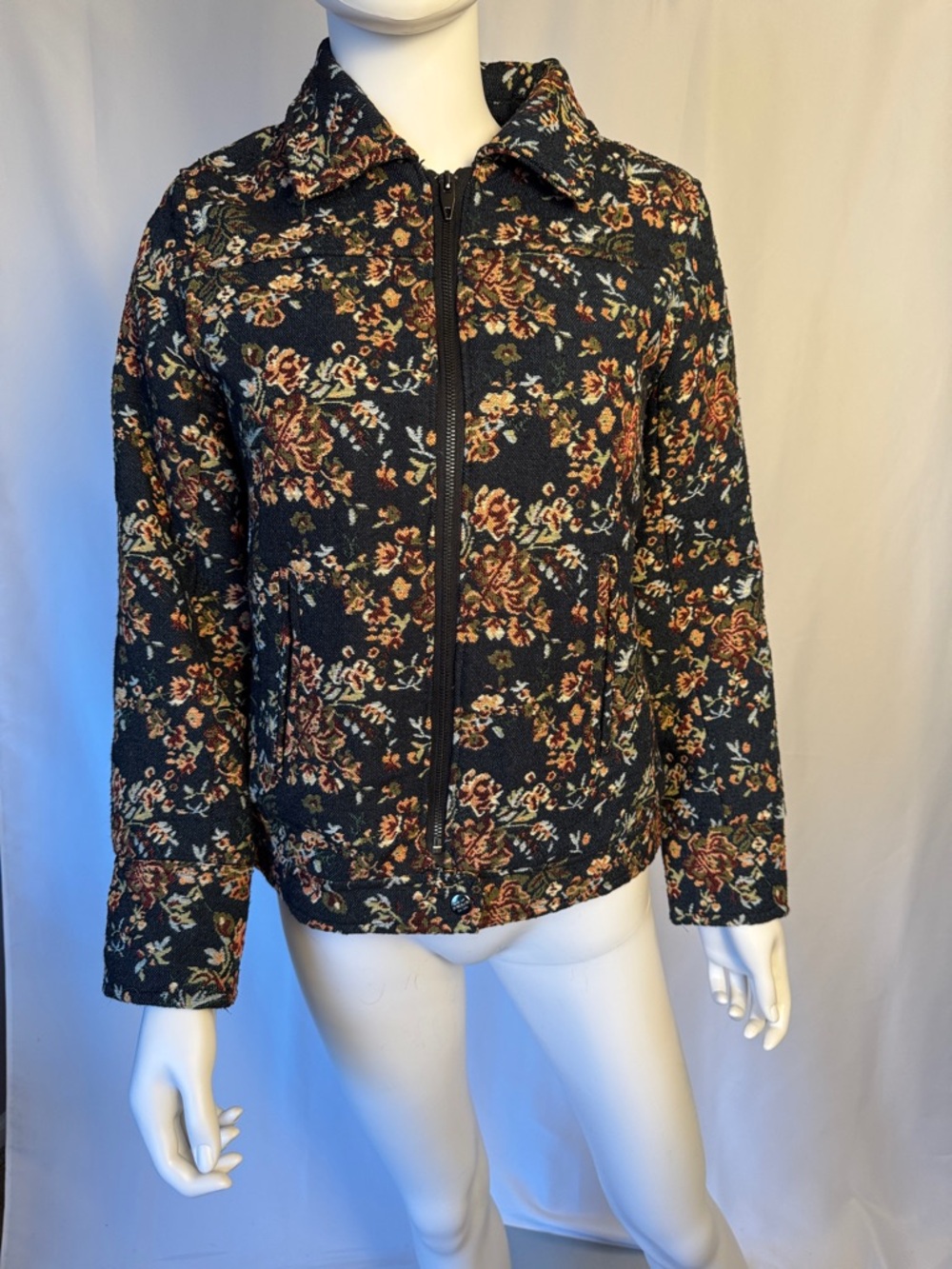 For The Republic Black Multi Floral Zip-Front Utility Jacket